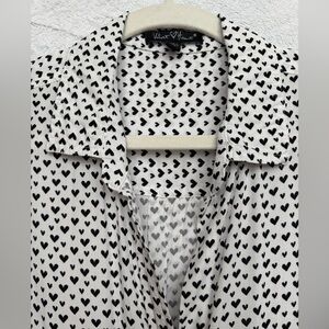 Heart Polka Dot Print Button Blouse 1X Valentine’s Office Siren Classic Loosefit